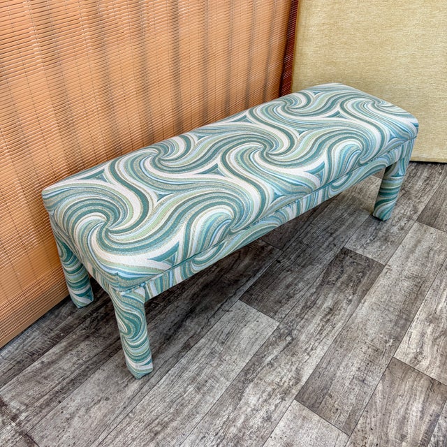 2000 - 2009 Early 21st Century Fully Upholstered Postmodern Bench With Cushions in the Parson Style. For Sale - Image 5 of 14