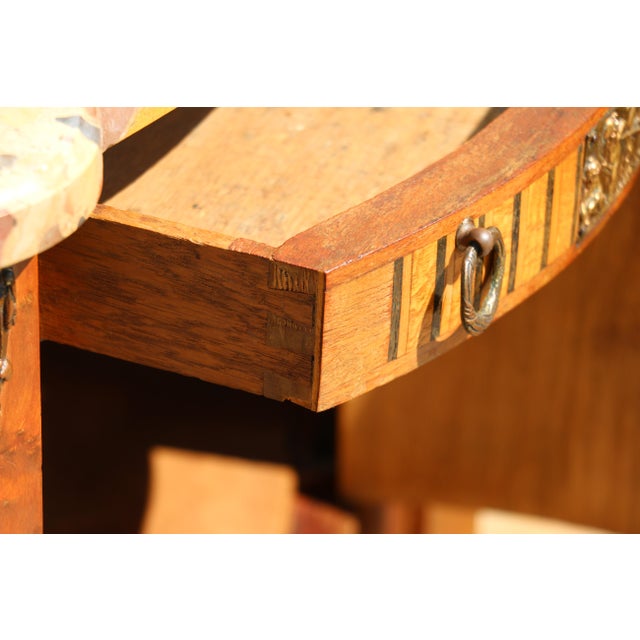 Pair Antique French Louis XV Style Marble Top Inlaid Wood Nightstands, Circa 1940s For Sale - Image 4 of 18