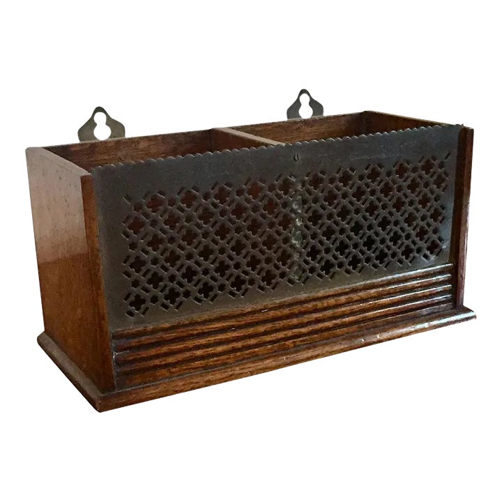 Antique 19th Century English Oak and Brass Hanging Letter Rack, Box or