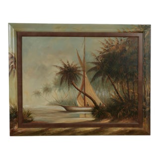 Large Tropical Painting of a Boat With Palm Trees For Sale