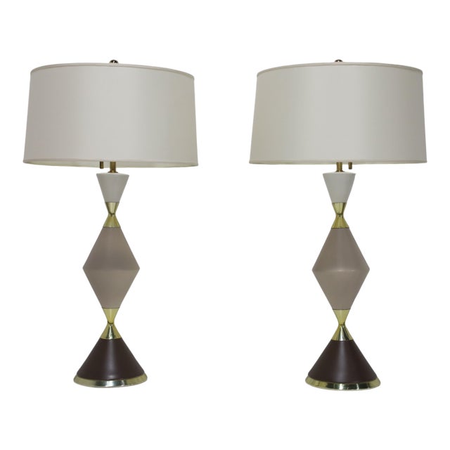Gerald Thurston for Lightolier Hourglass Porcelain and Brass Table Lamps For Sale