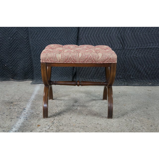 Antique English Regency Mahogany X Frame Paisley Tufted Ottoman Stool Bench For Sale - Image 4 of 18