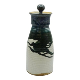 Studio Art Pottery Stoneware Lidded Jar 15" Signed Teal Blue Abstract Brushwork For Sale