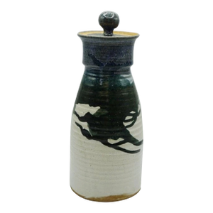 Studio Art Pottery Stoneware Lidded Jar 15" Signed Teal Blue Abstract Brushwork