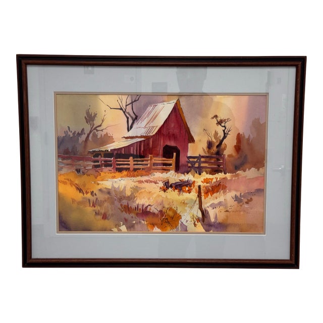Naomi Brotherton Red Barn Framed Watercolor, Circa 1992 For Sale