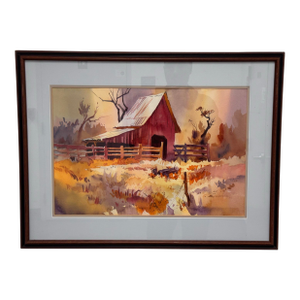 Naomi Brotherton Red Barn Framed Watercolor, Circa 1992
