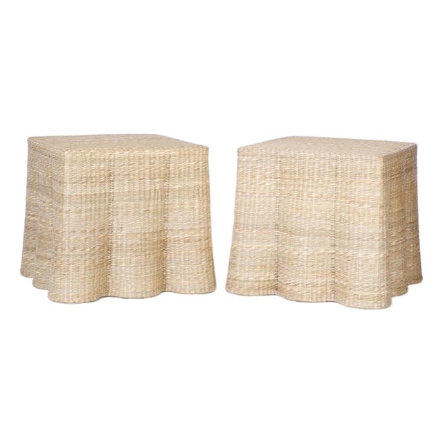 Pair of Wicker Drapery Ghost End Tables For Sale