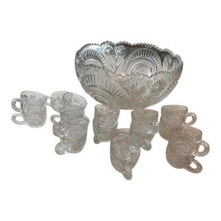 Antique Cut Glass Punch Bowl and 17 Cups For Sale