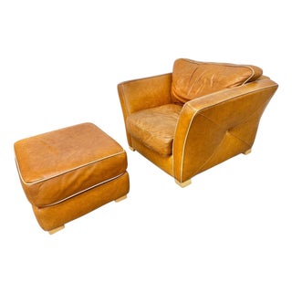 Vintage Ralph Lauren Style Leather Club Chair & Ottoman For Sale