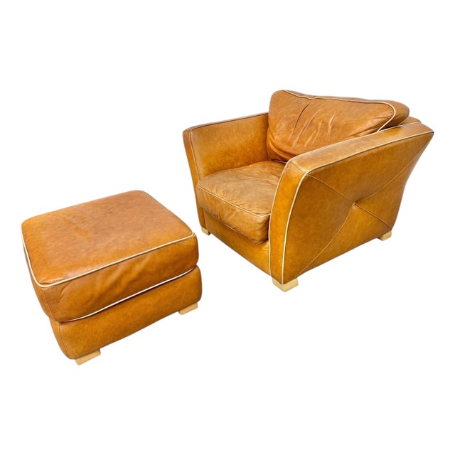 Vintage Ralph Lauren Style Leather Club Chair & Ottoman For Sale