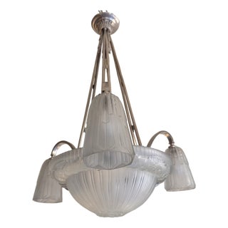 Art Deco Chandelier in Nickel-Plated Bronze by Georges Leleu Jehel, 1930 For Sale