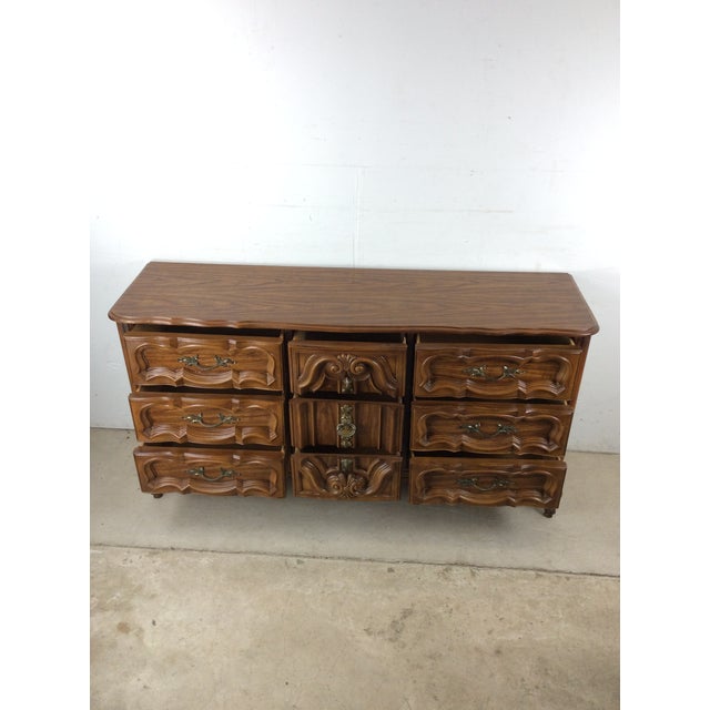 Mid Century French Provincial Style Lowboy Dresser With Ornate Drawer Faces For Sale - Image 11 of 18