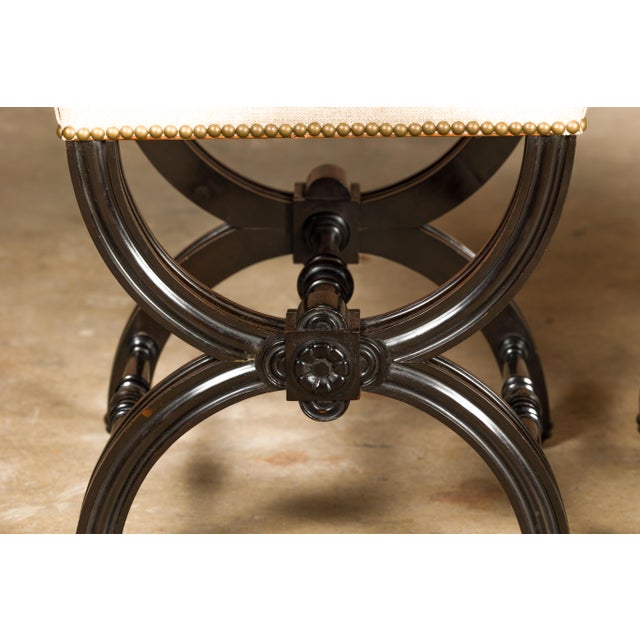 Viennese 1900s Black Stools with X-Form Bases and Custom Upholstery, a Pair For Sale - Image 4 of 12