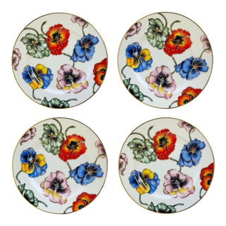 Vintage Fitz and Floyd "Pansies" 22k Gold Trimmed Porcelain Dessert Plates, Set of 4 For Sale