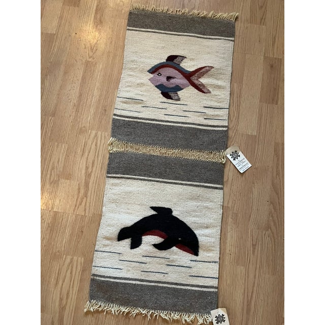 Vintage Handwoven Wall Textile Art w/ Fish & Whale motif. Unique wall decor In great vintage condition.