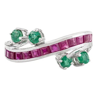 Antique Channel Set Square-Cut Ruby & Emerald Wave Band Ring for Women - Size 7 For Sale
