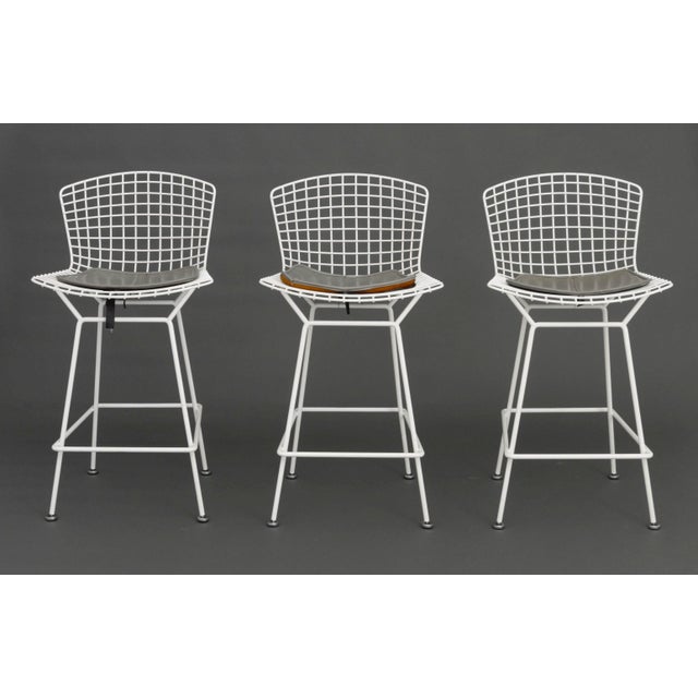 White Set of Three Harry Bertoia White Patinated Wire Bar Stools For Sale - Image 8 of 8