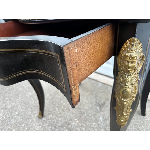 Late 20th Century French Napoleon III Violin Side Table With Brass Inlay Ebonized Wood W Drawer For Sale - Image 5 of 12