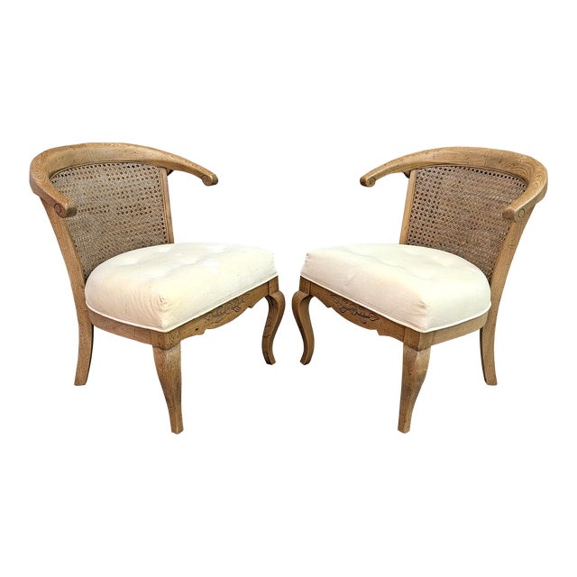 1990s French Country Oak & Cane Back Slipper Chairs - Set of 2 For Sale