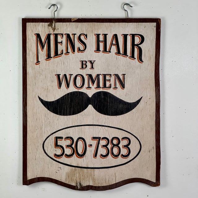 Vintage Double Sided Wooden Sign Advertising "Mens Hair by Women" With Mustache Illustration For Sale - Image 4 of 9