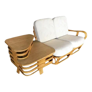 Restored 4-Strand Square Pretzel "S" Arm Rattan Sofa with Two-Tier Table - Set of 2