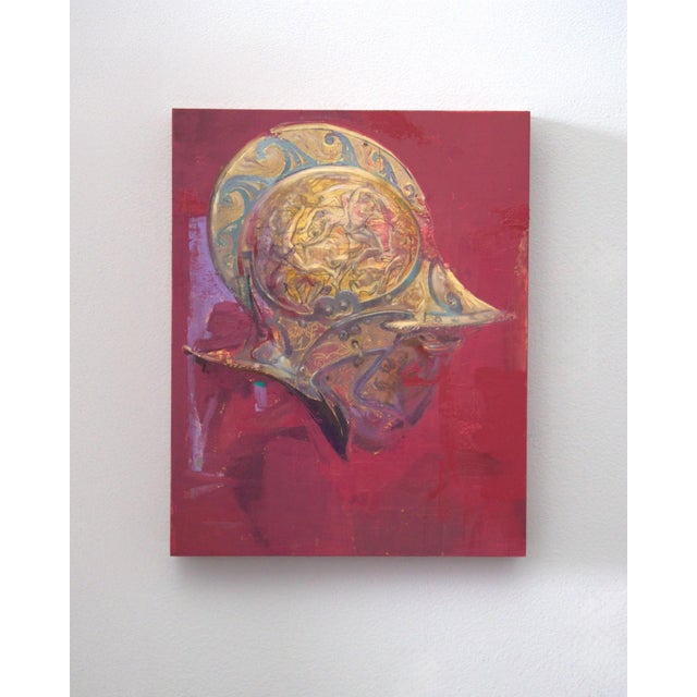 This oil on panel piece presents a striking portrayal of a helmet, intricately adorned with mythological scenes of the...