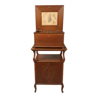 Antique Regina 15.5-Inch Disc Music Box With Original Oak Cabinet Stand & 18 Discs For Sale