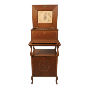 Antique Regina 15.5-Inch Disc Music Box With Original Oak Cabinet Stand & 18 Discs