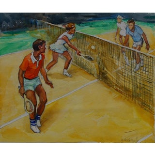Vintage Tennis Watercolor Painting, Soviet Sport Art, 1970s 25,5-30,5 For Sale