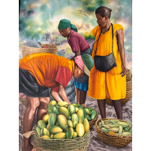 2010s Large - 2019 “Fruit Market Vendors” Haitian Folk Art OilOn Canvas Painting by Horestal E. For Sale - Image 5 of 12