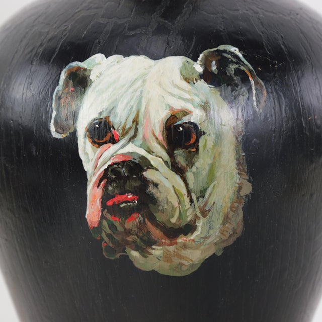 Vintage Black Tole Table Lamp With Hand Painted English Bulldog Portrait and Gold Leaf Accents For Sale - Image 9 of 10