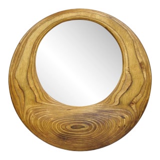 Vintage Organic Modern Laminated Hardwood Round Wooden Mirror, Signed Schwab For Sale