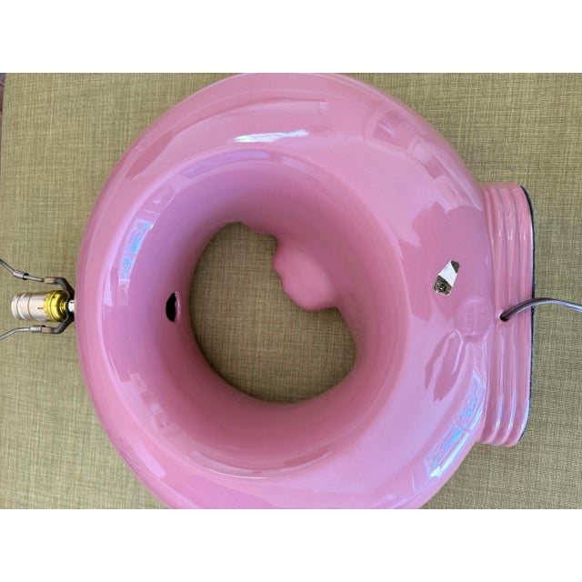 Wood 1980s Postmodern Art Deco Revival Ceramic Rose "Donut" Table Lamp by Harris Lamps For Sale - Image 7 of 12