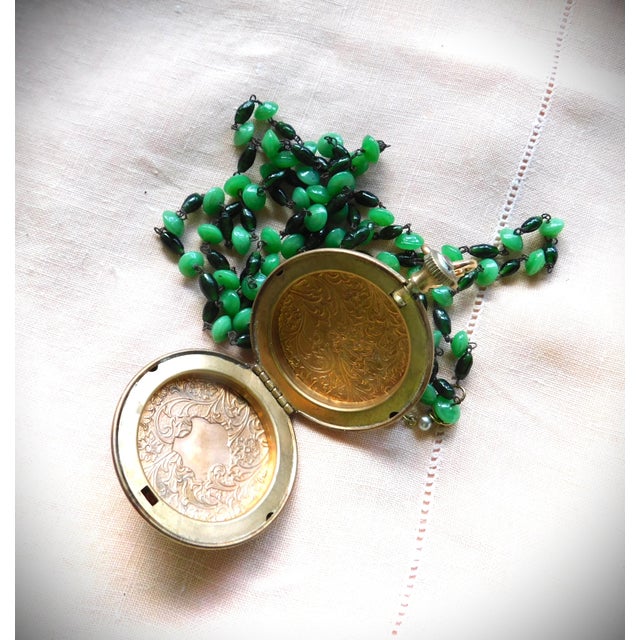 Vintage Victorian Gold Pocket Watch Locket, Green Cameo Woman, Long Art Glass Chain For Sale - Image 9 of 16