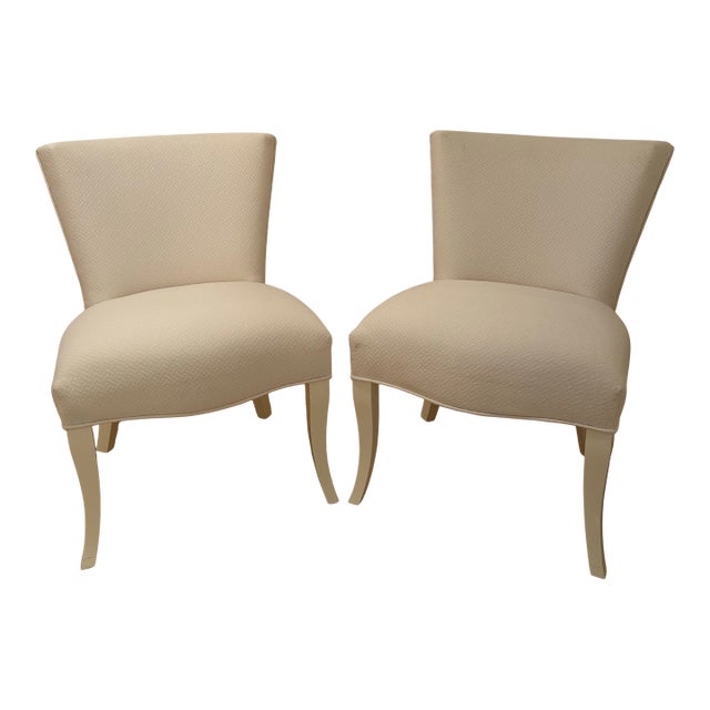 Hollywood Regency White Lacquer and White Quilted Slipper Chairs a Pair For Sale