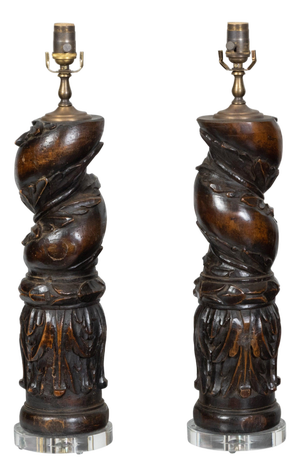 19th Century Italian Carved Walnut Solomonic Columns - a Pair