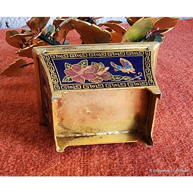 Vintage Chinese Cloisonné Guilloche Enamel Bonsai Tree in Decorative Brass Pot For Sale - Image 9 of 9