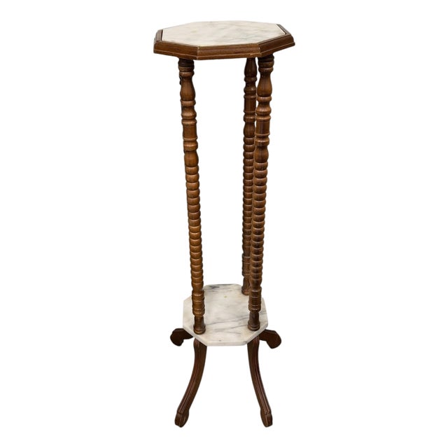 Vintage Marble and Wood Spool Leg Pedestal, Plant Stand For Sale