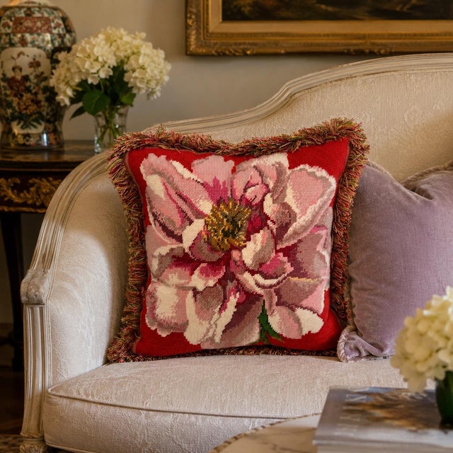 Hand Embroidered Wool & Linen Feather Floral Pillow For Sale - Image 10 of 10