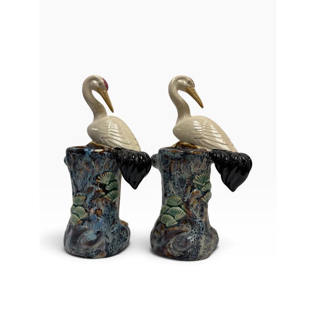 Early 20th Century Chinese Export Majolica Style Crane Spill Vases - A Pair For Sale In West Palm - Image 6 of 7