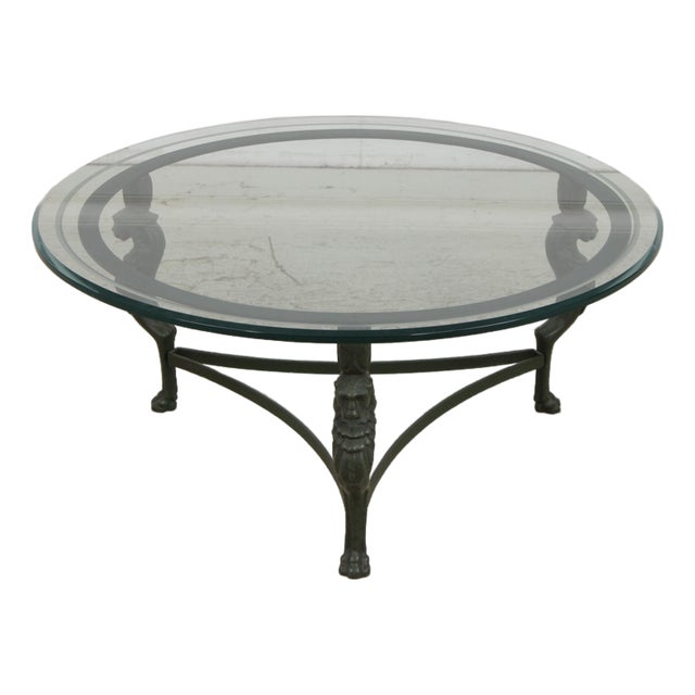 Round Iron & Glass Coffee Table W. Lion Heads For Sale