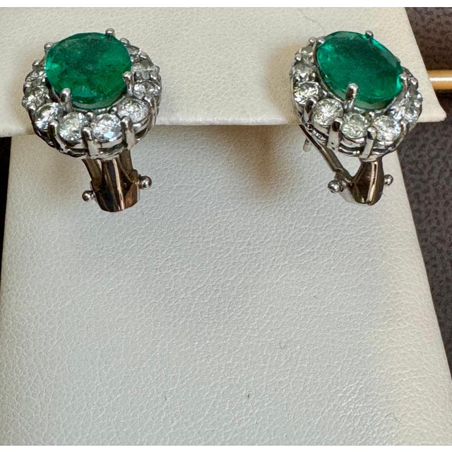 Emerald 6 Carat Oval Shape Emerald & 2 Ct Diamond Post Back Earrings 14 Karat White Gold For Sale - Image 8 of 18