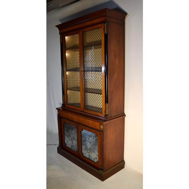 Wood English Regency Mahogany Bookcase China Cabinet With Brass Lattice Doors For Sale - Image 7 of 12