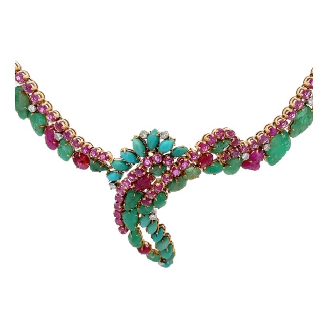 Vintage Diamond Emerald & Ruby 18k Yellow Gold Centerpiece Necklace For Sale