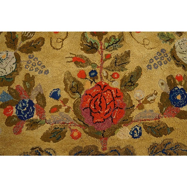 1880s Tan Camel Floral Folk Art Antique American Hooked Rug 3' X 5'5" Knotted Wool Carpet For Sale - Image 4 of 6
