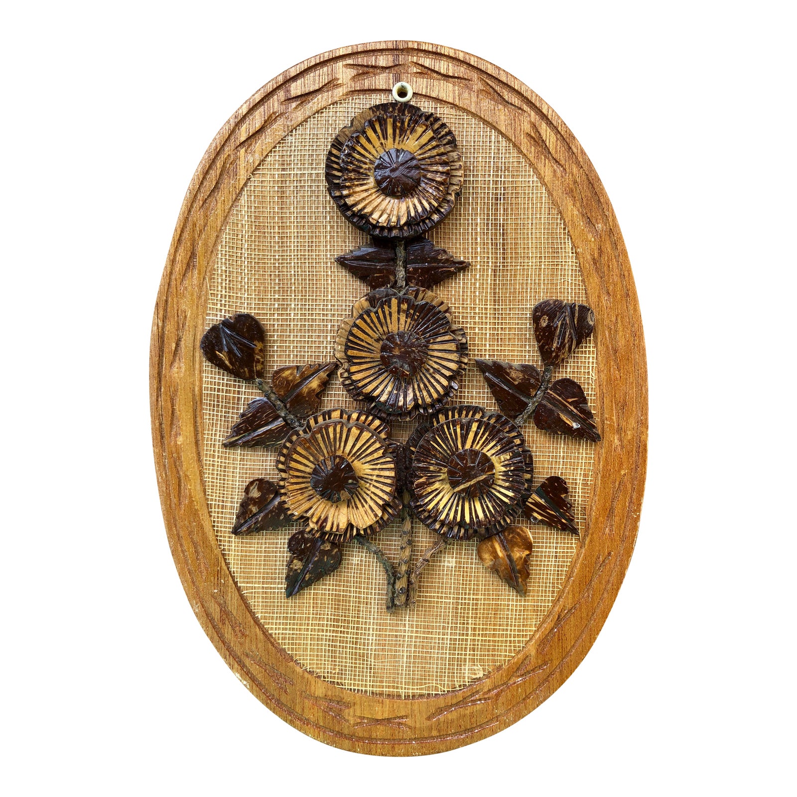 Vintage Hand Carved Wood and Woven Raffia Floral Wall Plaque | Chairish