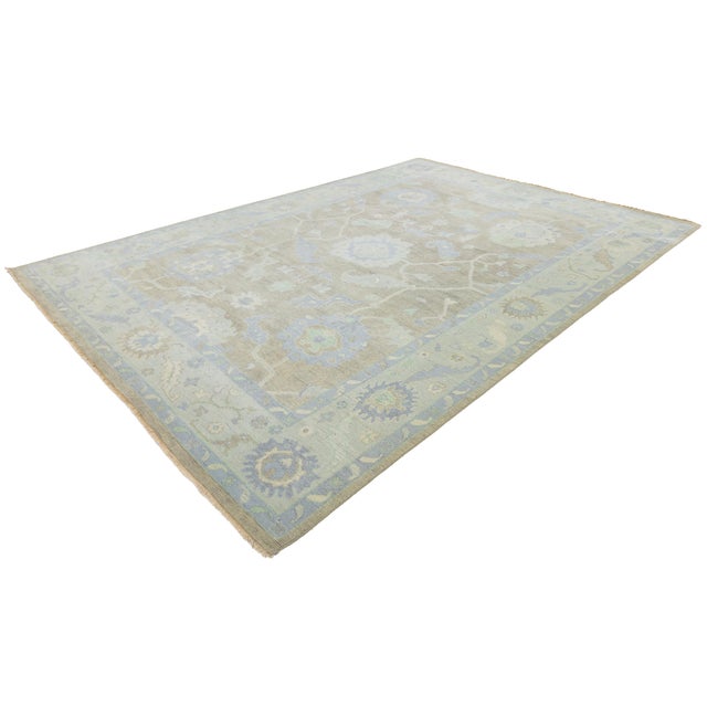 10x14 Modern Oushak Style Hand-Knotted Wool Rug in Neutral Beige & Slate Blue For Sale - Image 12 of 12