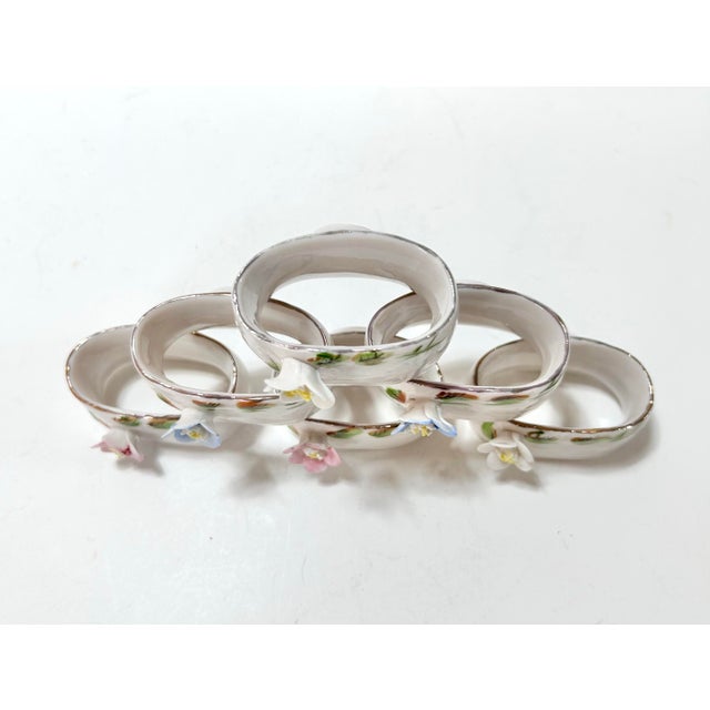Vintage Shafford Hand-Painted Porcelain Napkin Rings With Applied Flowers – Set of 6 Cottage Tabletop Decor For Sale In Louisville - Image 6 of 12