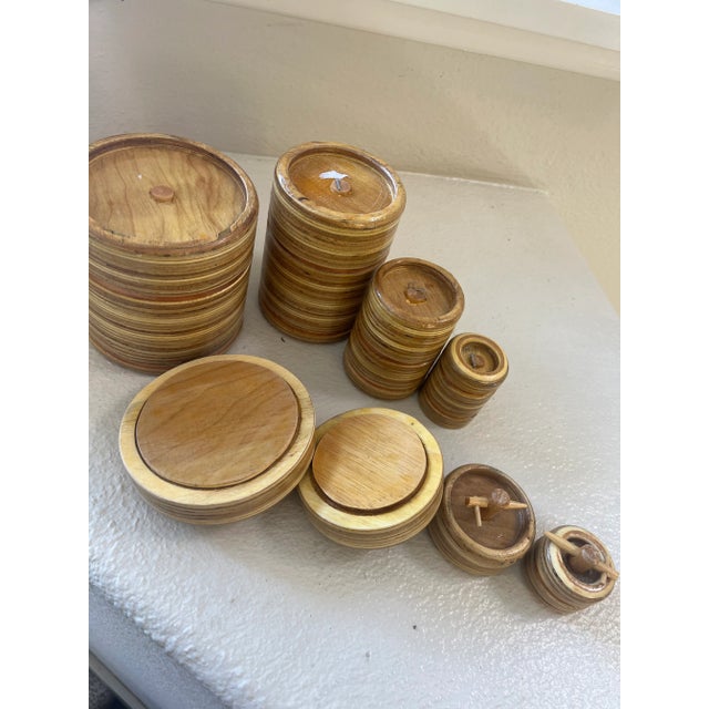 Brown Mid 20th Century Bamboo Storage Bottles Jars Wooden Small Box Containers with Lids- Set of 4 For Sale - Image 8 of 12