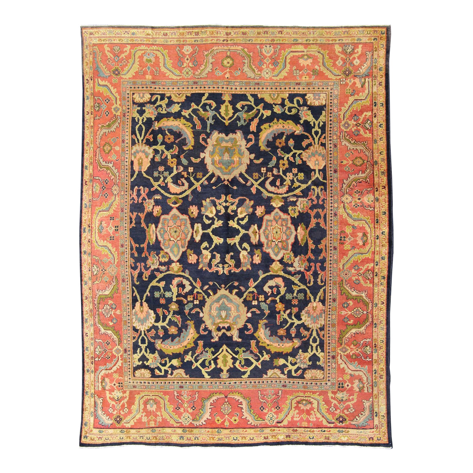 Antique Persian Sultanabad Carpet in Navy Blue Background and Rose Red ...